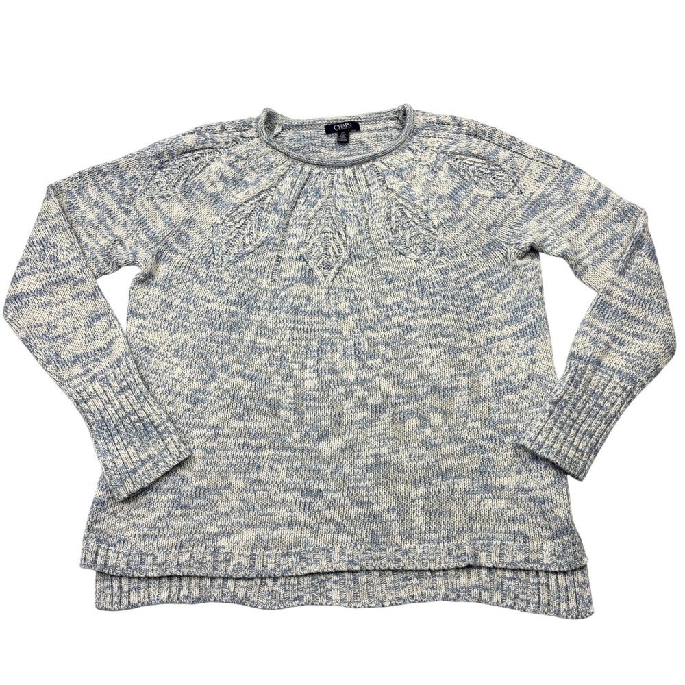 Chaps Sweater Womens Large Blue Cream Marled Cable Knit Yoke Crewneck Pullover